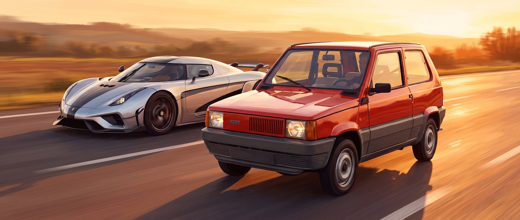A Fiat Panda and a hypercar, side by side